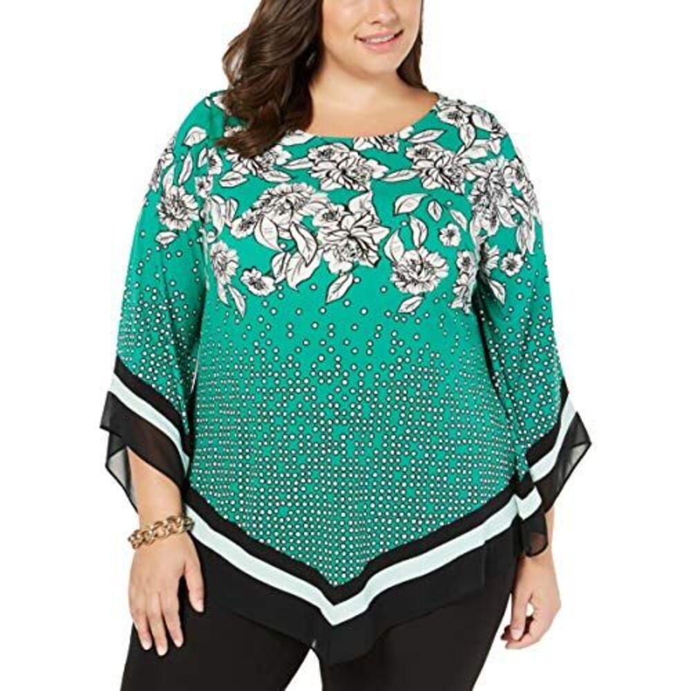 Plus Size Printed Pointed-Hem Top Green Modern Rain Darkgreen 0X